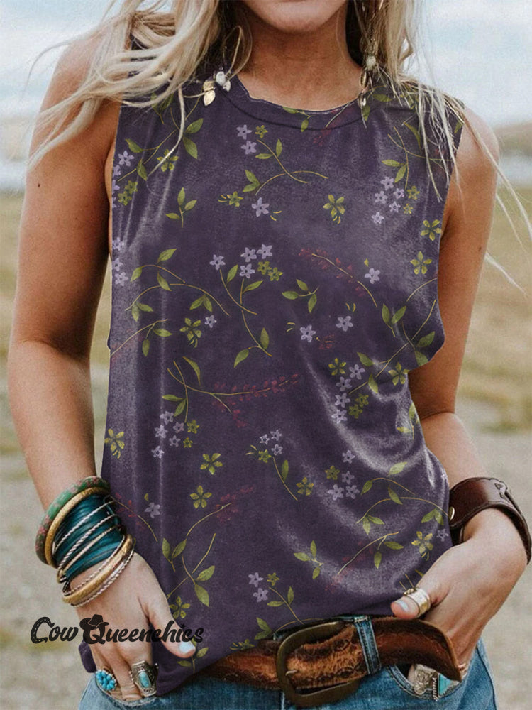 Women&rsquo;s Vintage Floral Pattern Print Casual Tank Top Purple / S