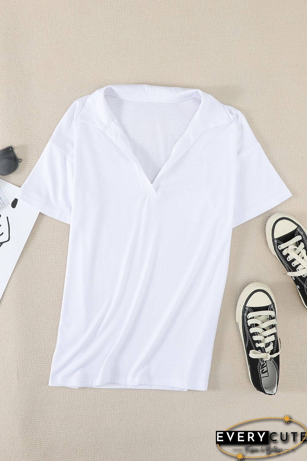 White Collared V Neck Drop Sleeves T-shirt