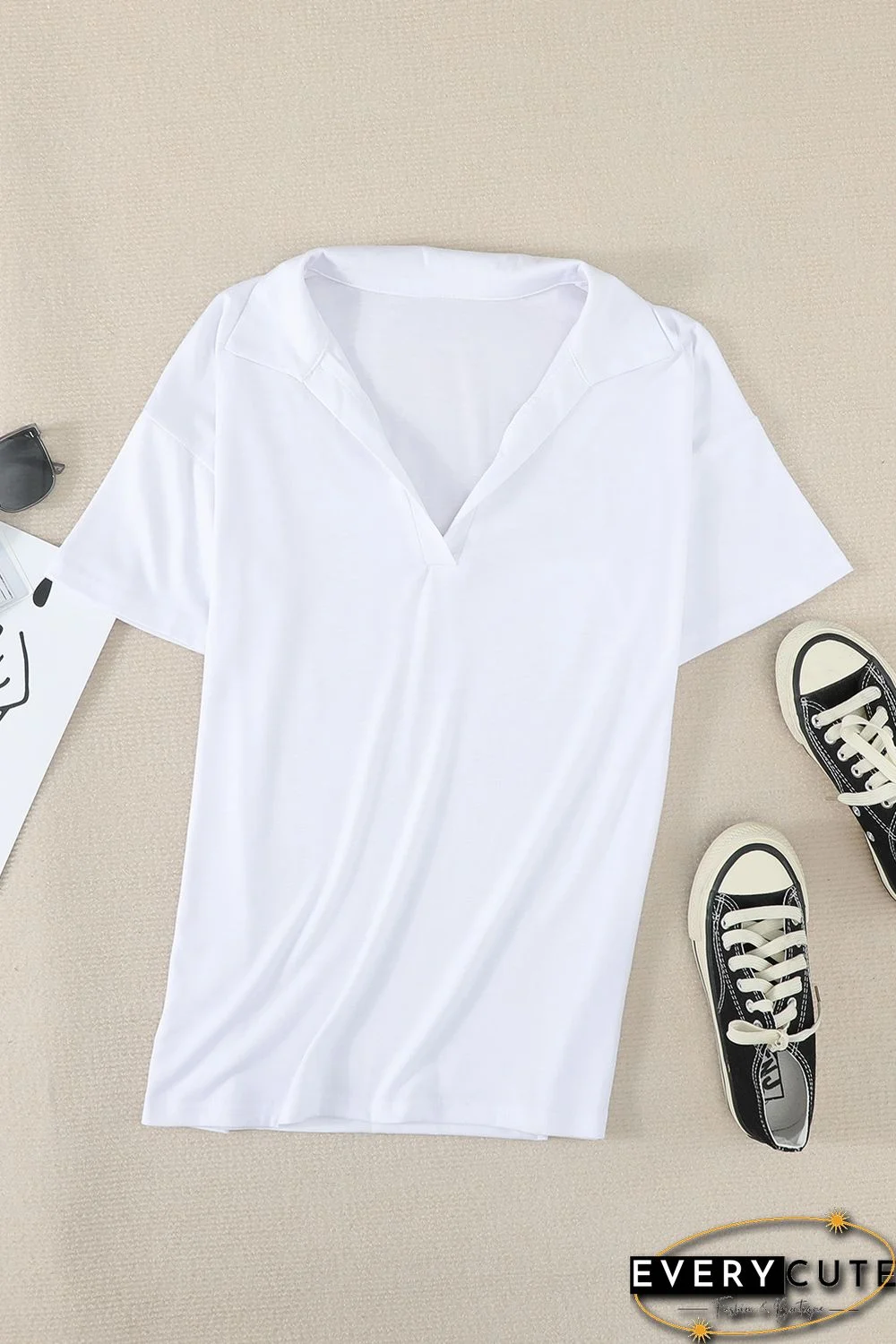 White Collared V Neck Drop Sleeves T-shirt