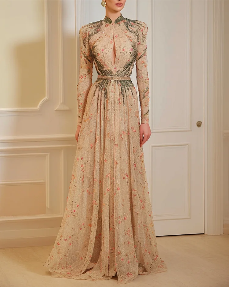 Women's Long Sleeve Mesh Embroidered Sequin Dress