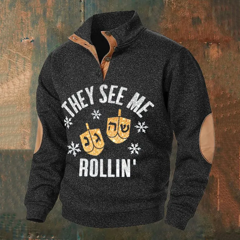 Men's They See Me Rollin Happy Hanukkah Casual Buttons Sweatshirt
