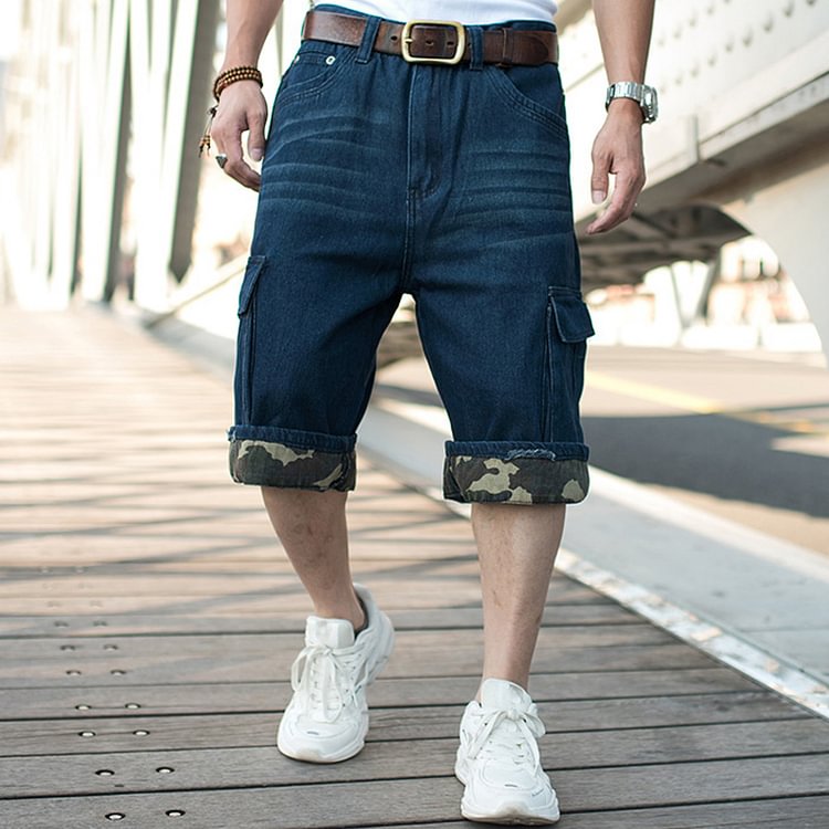 Vintage Wide-Leg Denim Velcro Pockets Rolled Cropped Pants