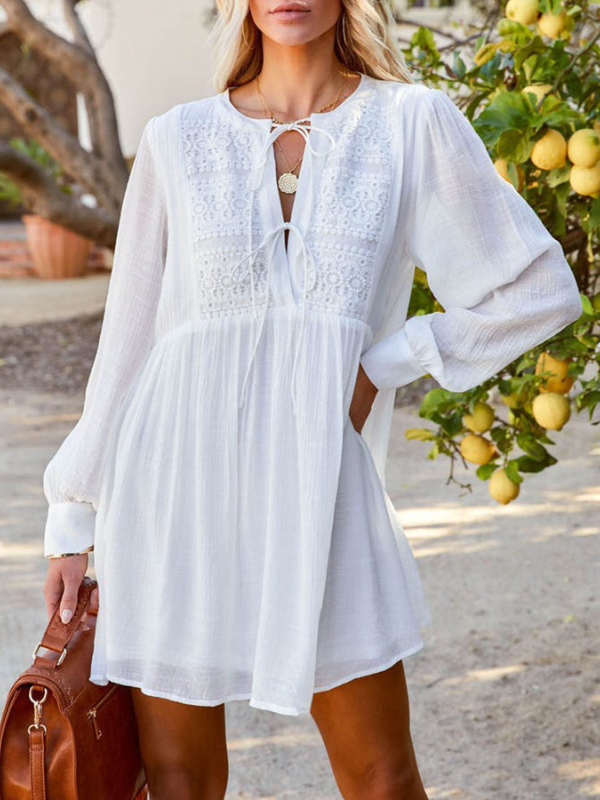 Women's Boho Dress White V-Neck Long Sleeve Mini Dress