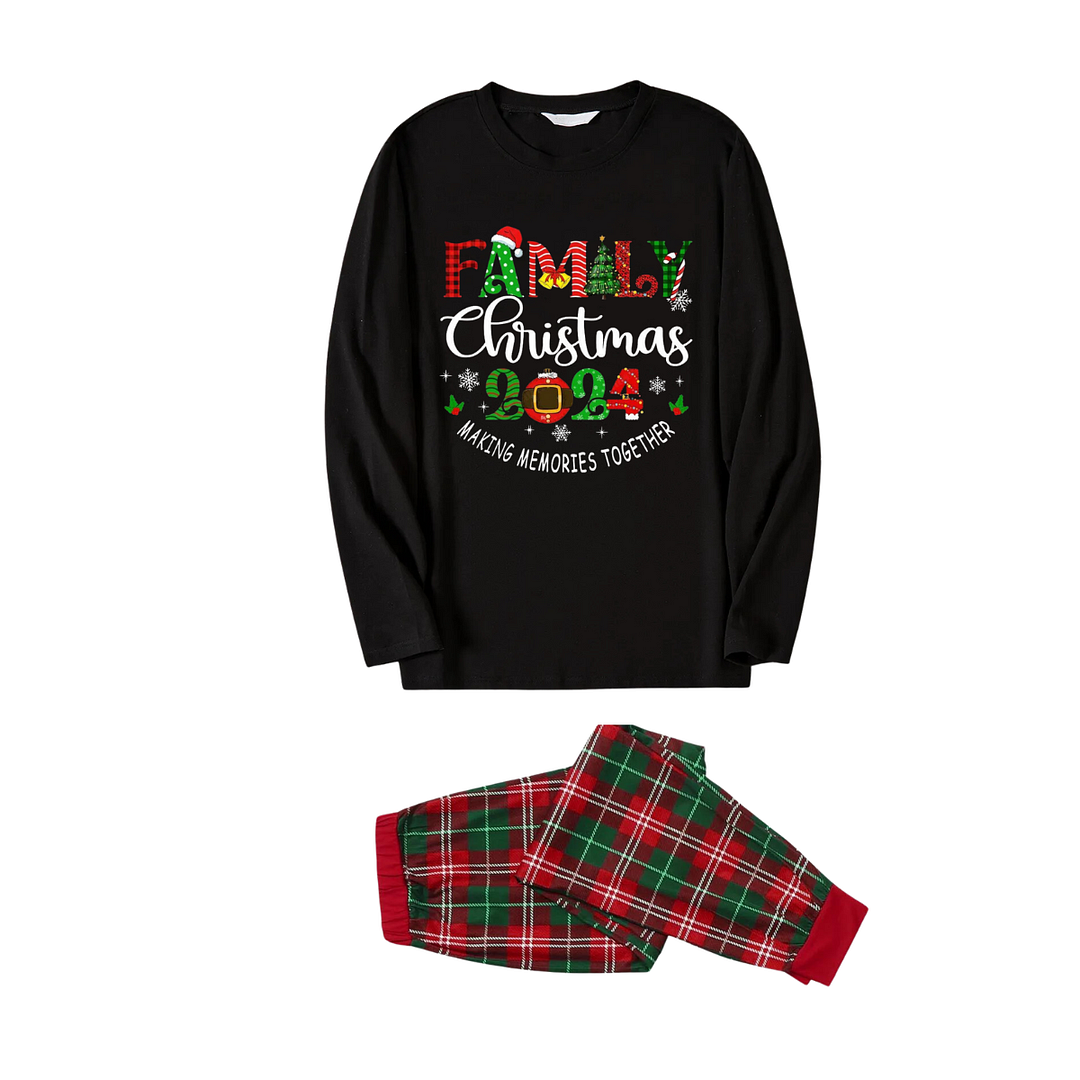 "Family Christmas 2024 Making Memories Together" Cute Text Printed Red and Green Plaid Christmas Family Matching Pajamas