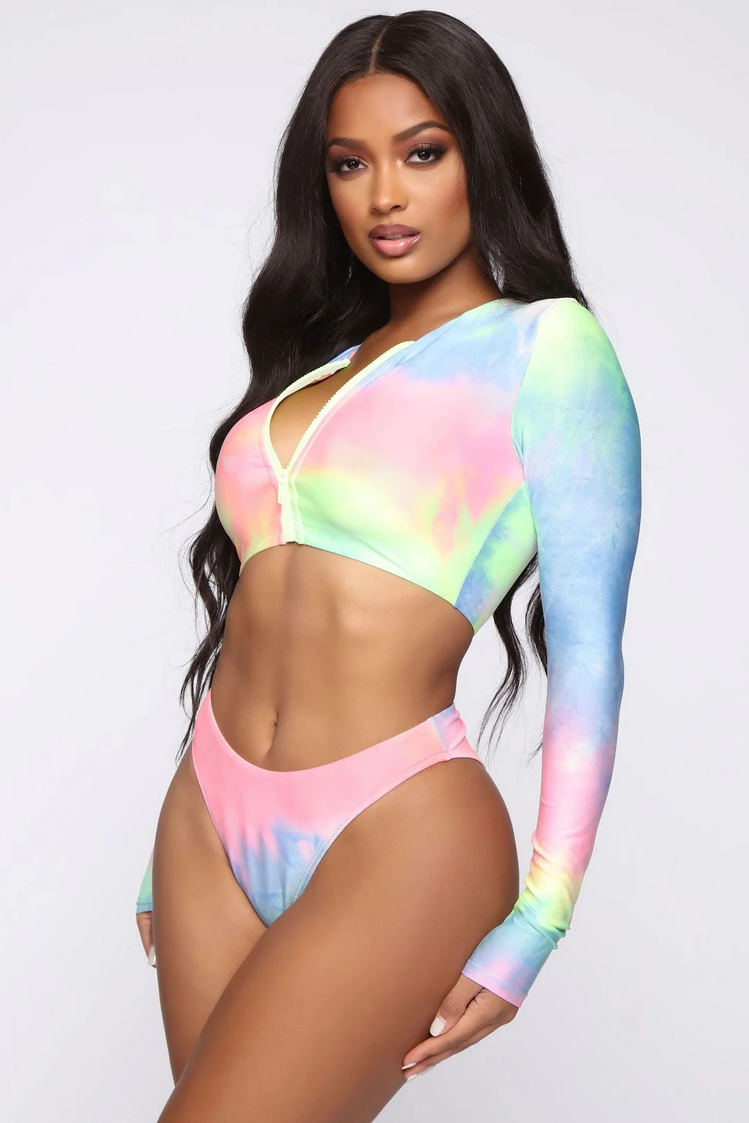 Mongw Mongw New Tie-Dye Multi-Color Print Long Sleeve Split Bikini Swimsuit