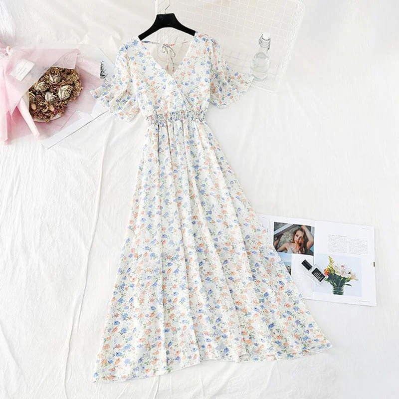 Women Elegant Summer Dress Vintage Floral Printed Chiffon Dress 2021Bohemia Short Sleeve Long Dress High Waist Vestidos