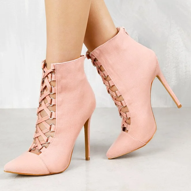 Fashion Pink Lace Up Summer Sandal Pointy Toe Stiletto Heels Ankle Boots |FSJ Shoes