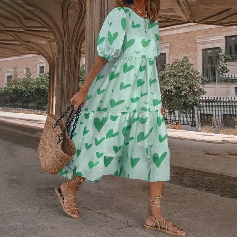 Summer Dress 2022 VONDA Fashion Women Short Sleeve Vintage Plaid Printed Sundress Robe Loose Bohemian Pleated Mid-Calf Vestidos