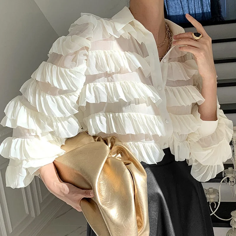 New Spring Korean Ruffles Blouse Women Turn Down Collar Long Sleeve Tops Loose Heavy Work Cupcake Ol Shirt Feminino Blusas 13336