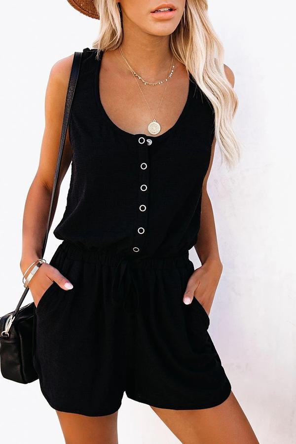 Simple Button Lace Sleeveless Rompers