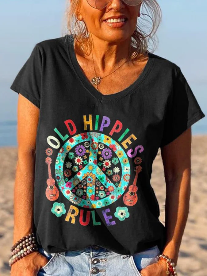 Peace Flower Women Solid Color V-neck Tees