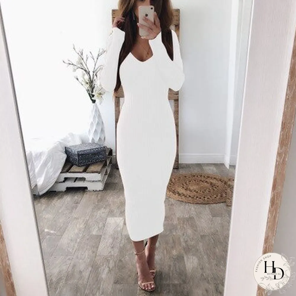 Knitted Sweater Dress Women Long Sleeve Sexy Midi Bodycon Dress Black White Red Long Stretchy Knitted Winter Dress