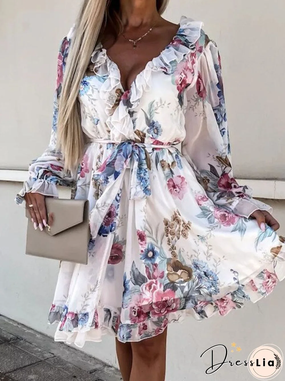 Sexy Backless Double V Neck Ruffle Party Dress Fashion Boho Floral Print Chiffon Beach Dress Elegant Women Tie Pleat Mini Dress