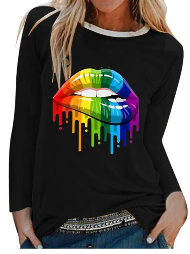 Round Neck Printed Cotton-Blend Long Sleeve Shirts & Tops