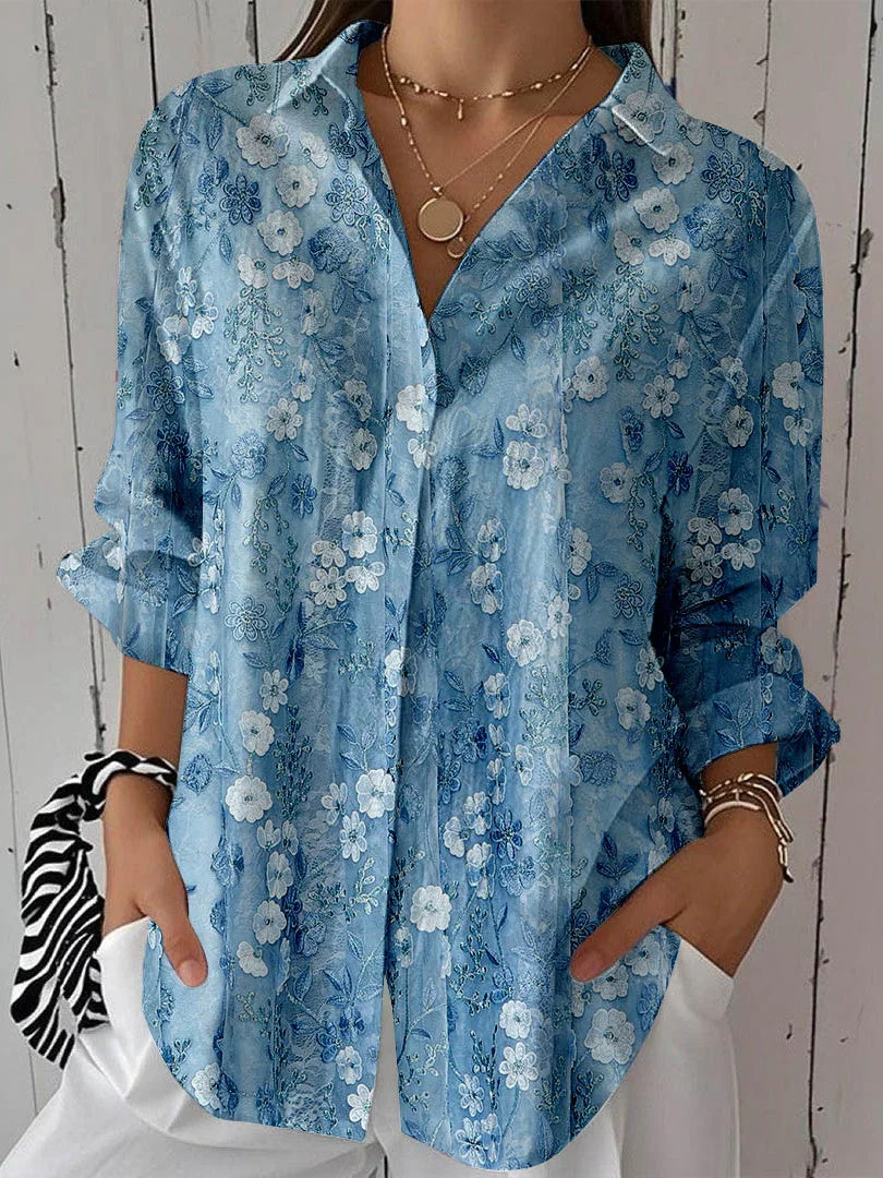 Women 3/4 Sleeve Shirt Collar Floral Printed Graphic Button Tops