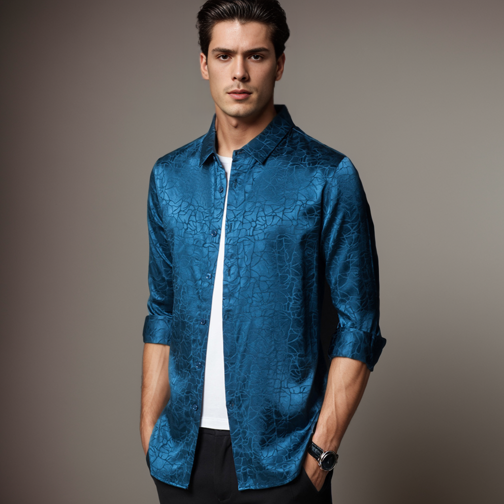 Chemises en soie à manches longues pour hommes sans repassage sans plis imprimées- SOIE PLUS