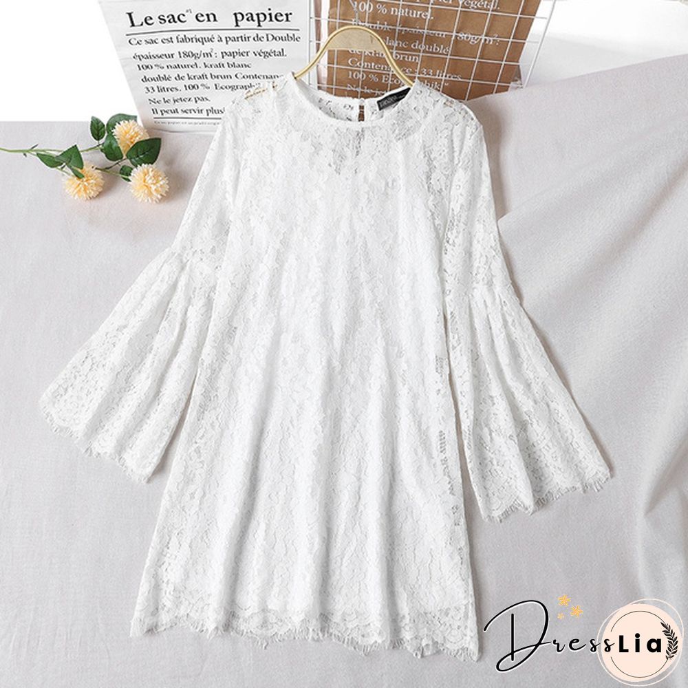 Womens Summer Long Sleeve Lace Crochet Flared Sleeve O-Neck Mini A-Line Dress