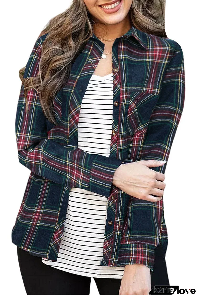 Plaid Button Pocket Long Sleeve Asymmetric Shirt