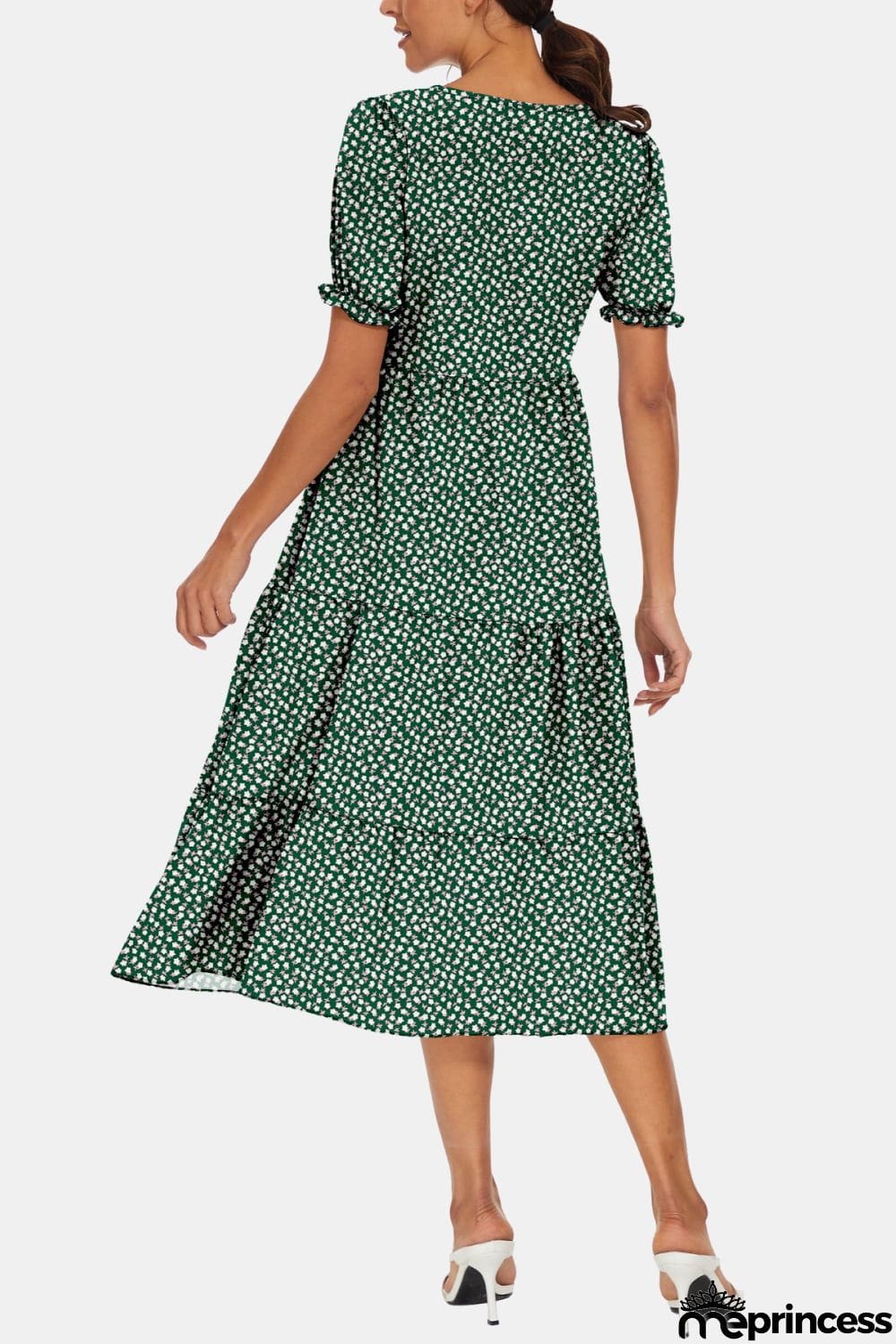 Round Neck Flounce Sleeve Midi Dress