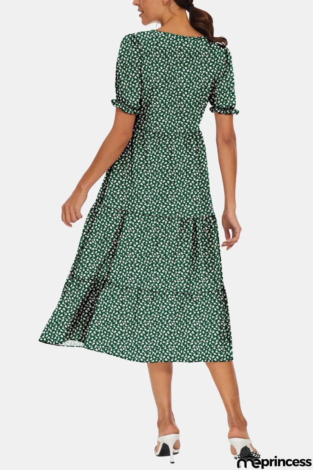 Round Neck Flounce Sleeve Midi Dress