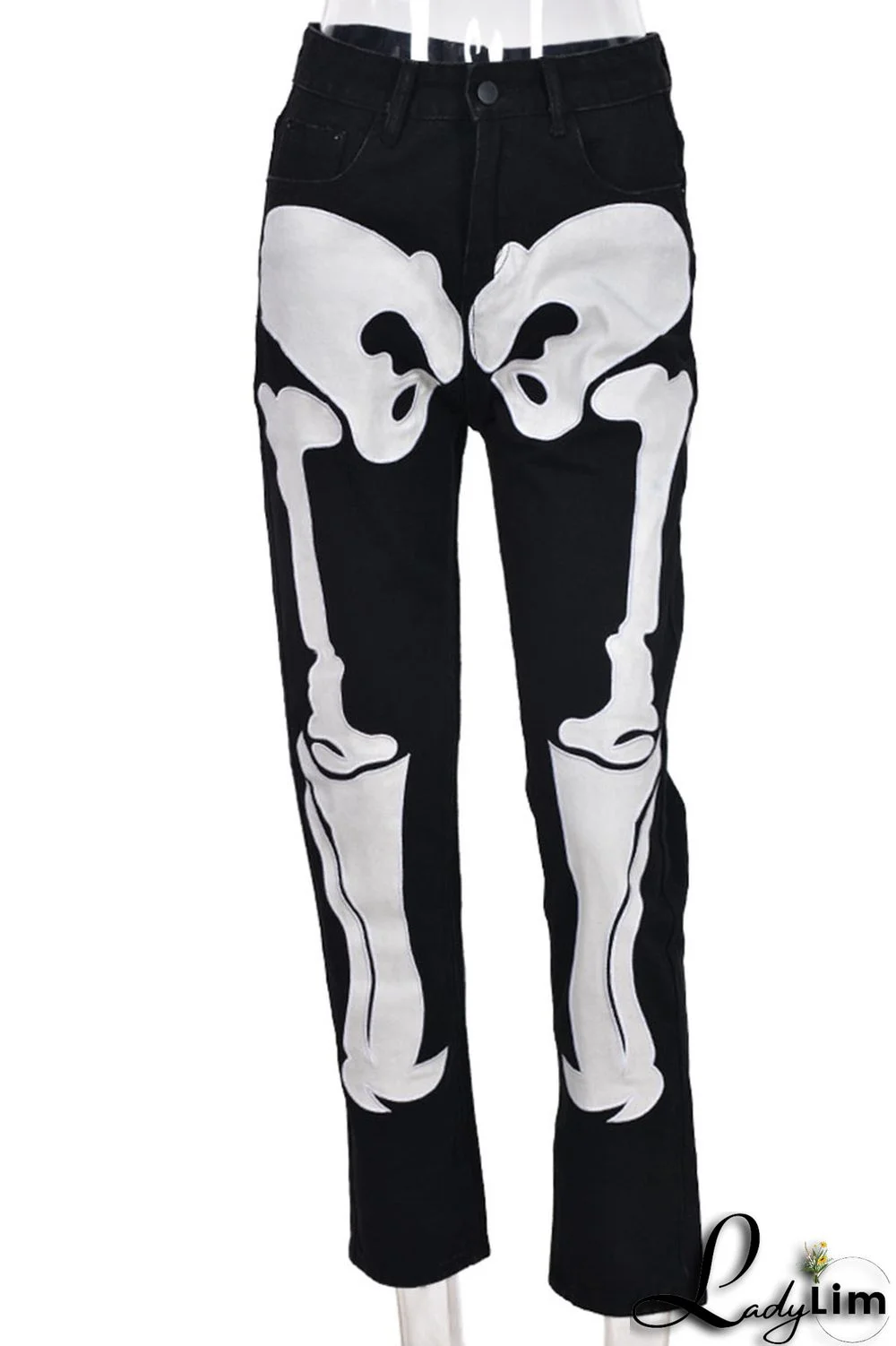 Black Casual Street Print Patchwork High Waist Denim Jeans