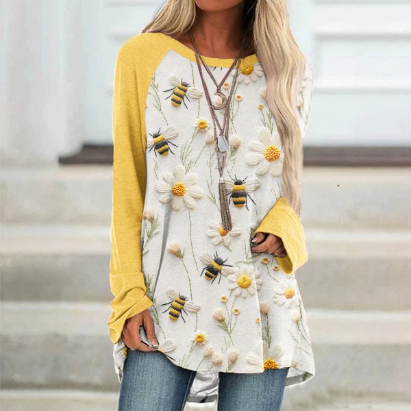 Wearshes Daisy Bee Embroidery Art Print Casual Tunic