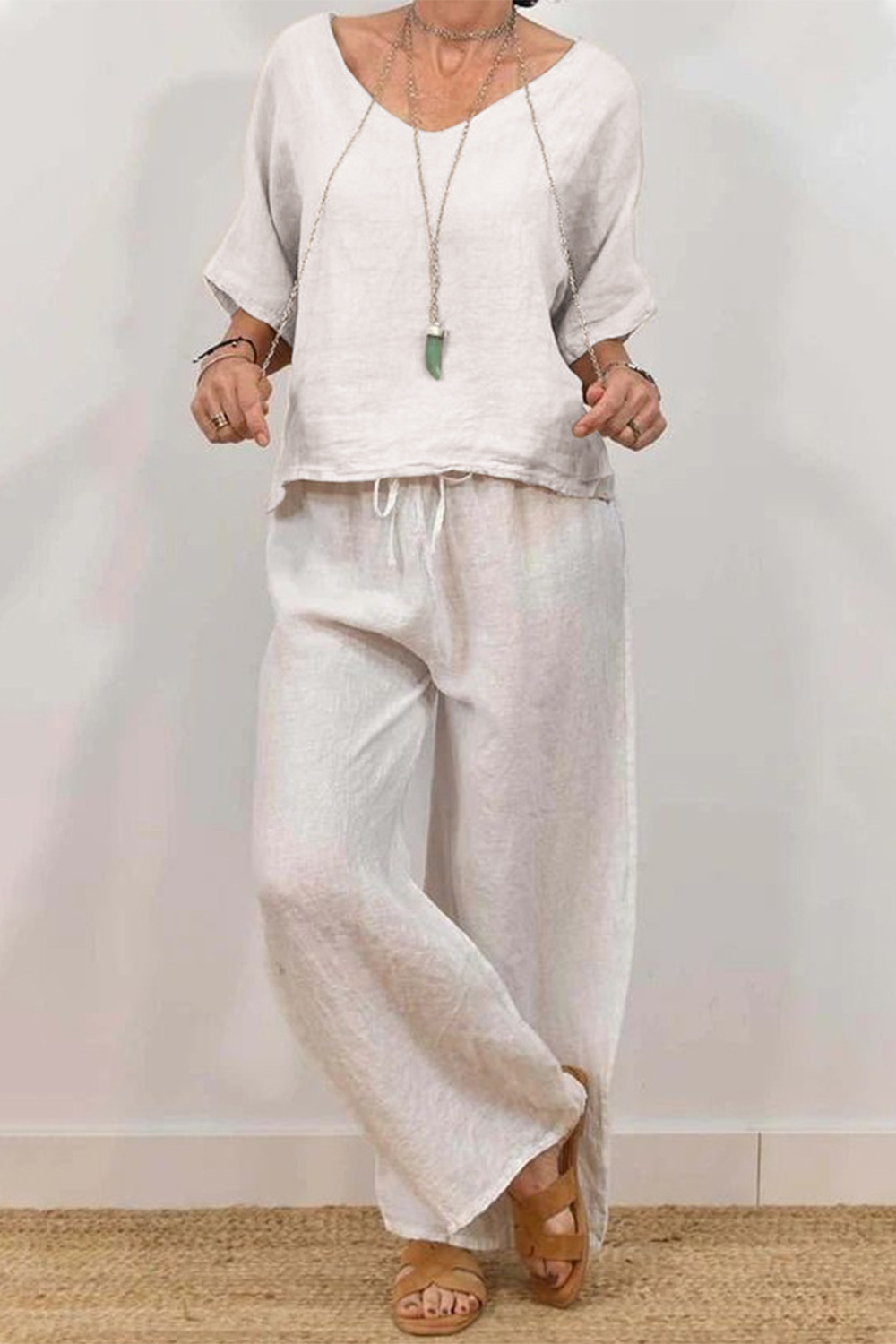 Plus Size Casual Green Cotton And Linen Half Sleeve Wide Leg Two Piece Pant Suit 2024 - Flycurvy 