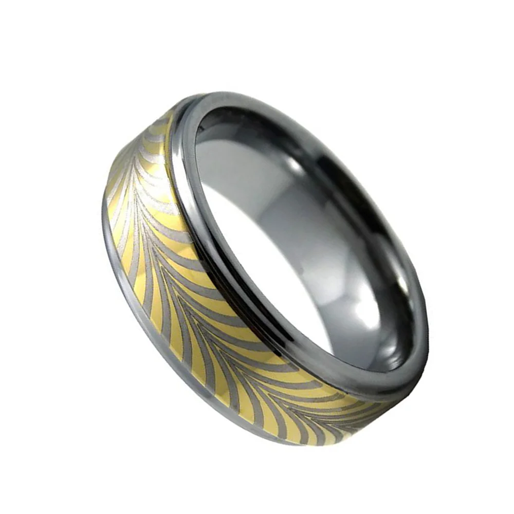 6MM 8MM Men Gold Plated Surface Tungsten Carbide Rings Retro Laser Pattern Wedding