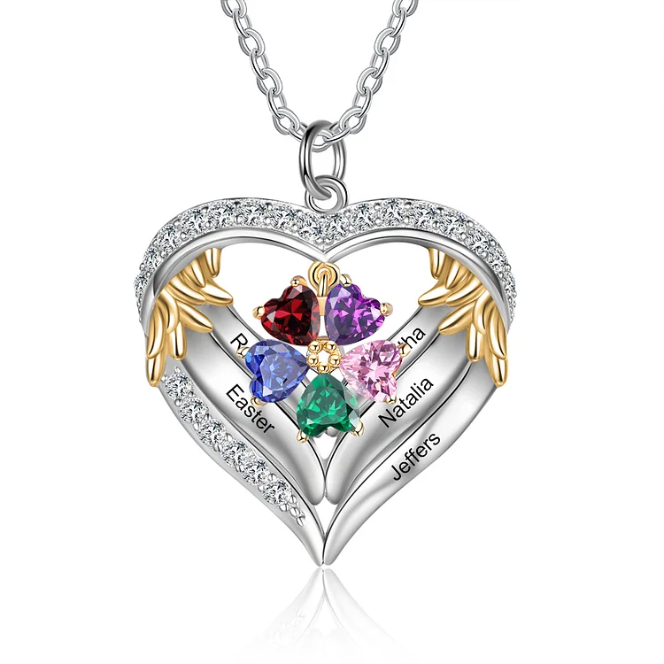 Personalized Diamond Heart Necklace with 5 Birthstones Wings Necklace