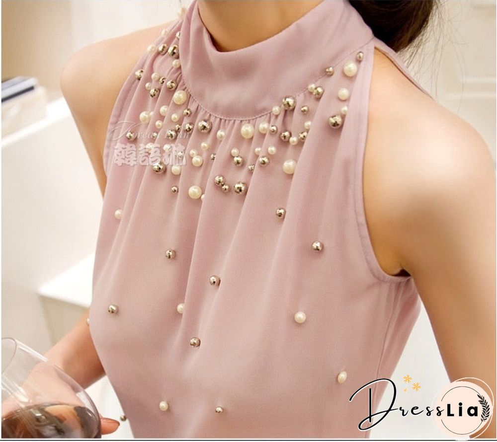 Spring New Women Beading Chiffon Blouse Korean Fashion Sleeveless Women Turtleneck Chiffon Blouse Shirt Women Top S M L Xl 835I