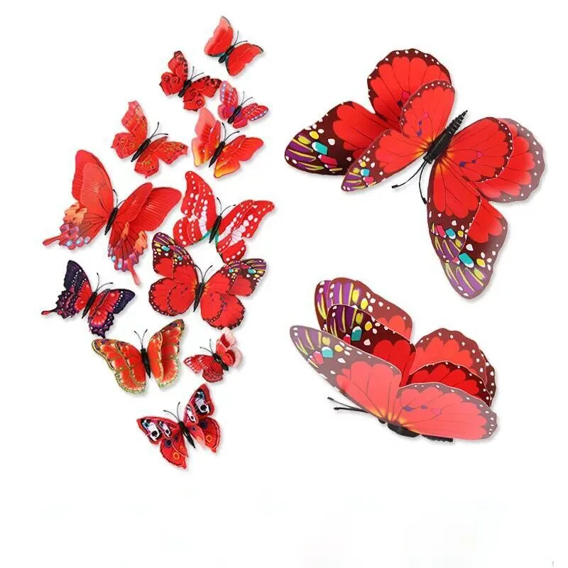 12pcs/lot Plain color 3D stickers Simulation butterfly double wings Modern home decor Background wall painting Magnetic+Glue