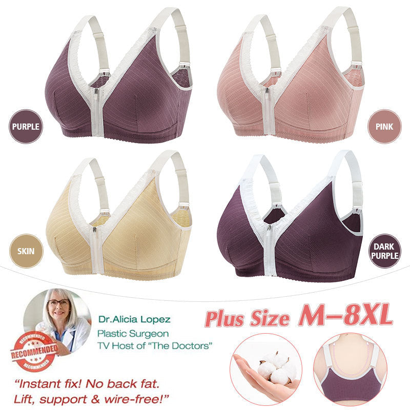  thdmladies Front Zip Cordless Wide Strap Plus Size Bra thedmladies