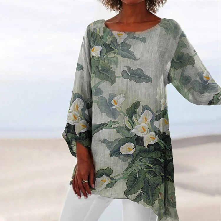 Floral Print Round Neck Loose Casual Tunic