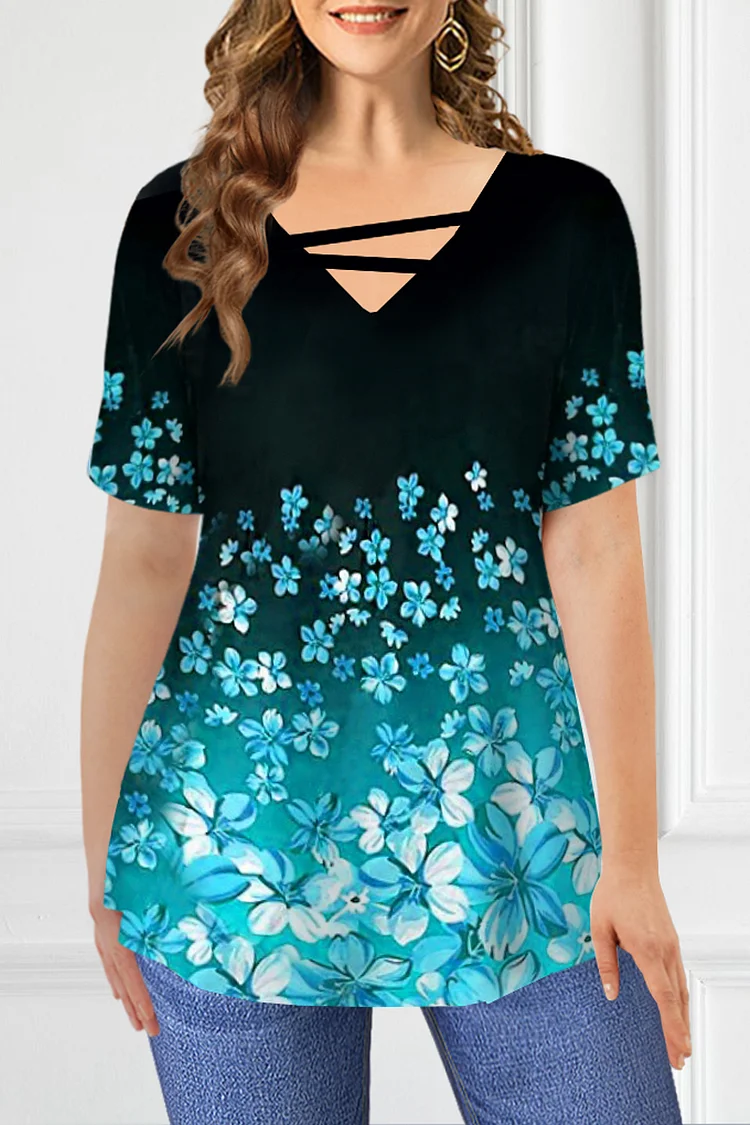 Flycurvy Plus Size Casual Black Ombre Floral Print Asymmetrical Neck Blouse  Flycurvy [product_label]
