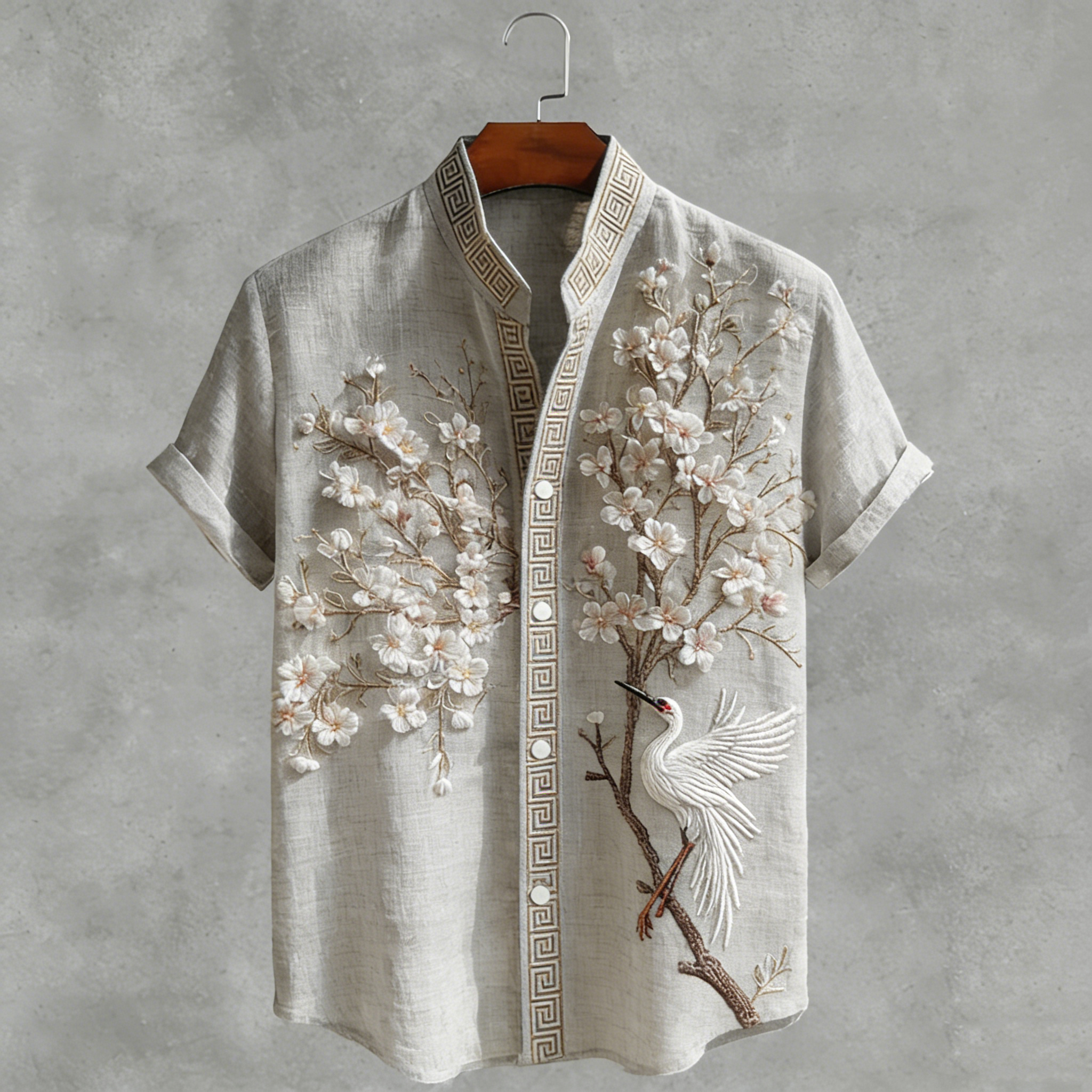 Japanese  Cherry Blossom & Crane Art Linen Blend Shirt elevenforest