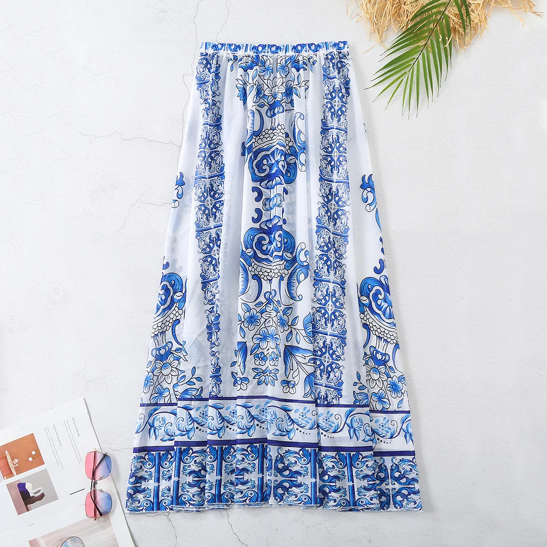 Mongw Shoulder Lotus Side Deep V-Piece Swimsuit Women's Half-Dress Two Sets Of Retro-Print Swimsuit