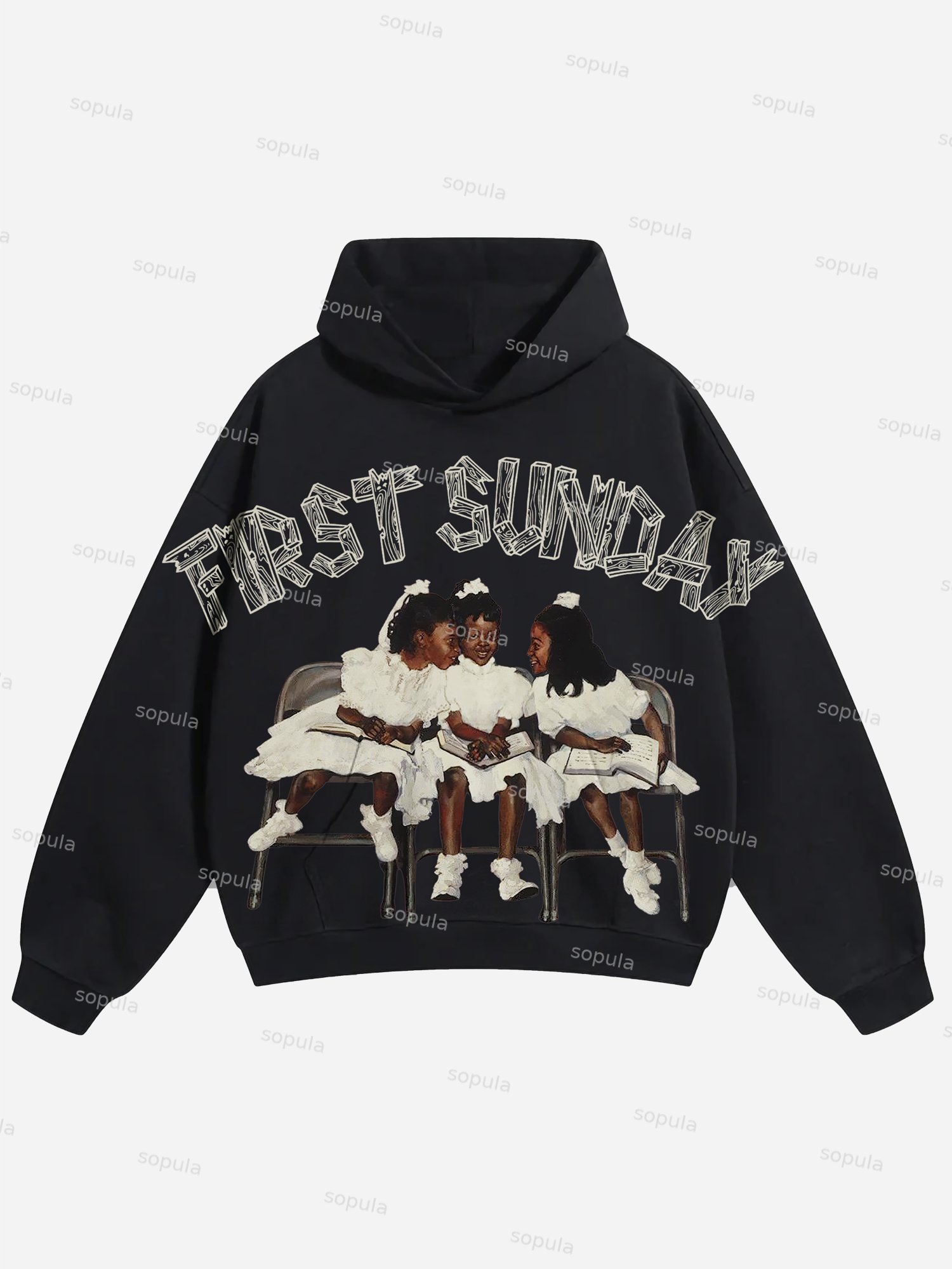 Vintage First Sunday Portrait Graphics Print Hoodie - SOPULA