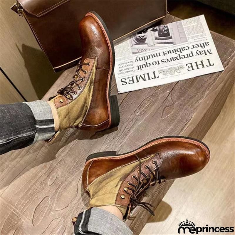 Men's Retro Casual Fashion Lace-Up Patchwork Design Martin Boots