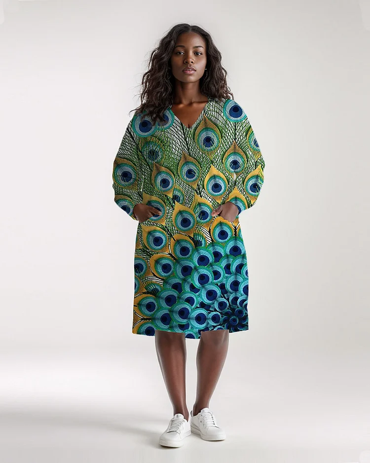 Plus Size Women's Peacock Feather Print Casual Pocket V Neck Dress