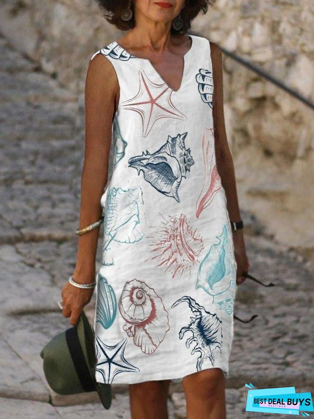 Fashion Beach Style Printed V Neck Sleeveless Midi Dress