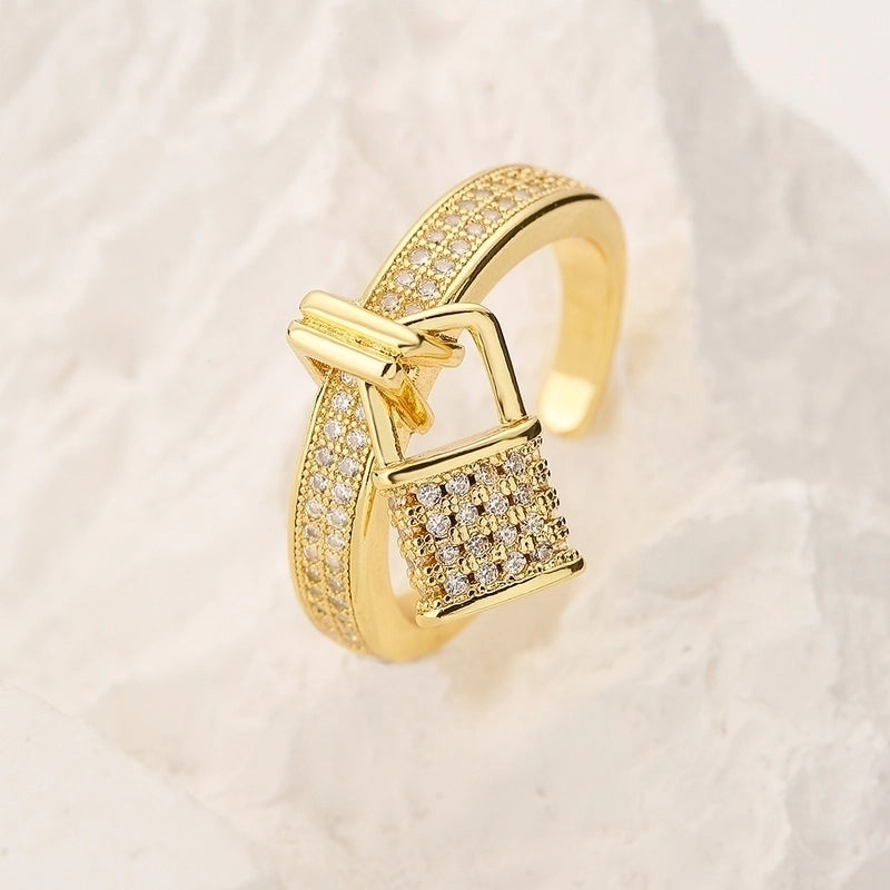 Shiny Heart Shape Lock Copper Plating Inlay Zircon 18k Gold Plated Charm Ring Open Ring