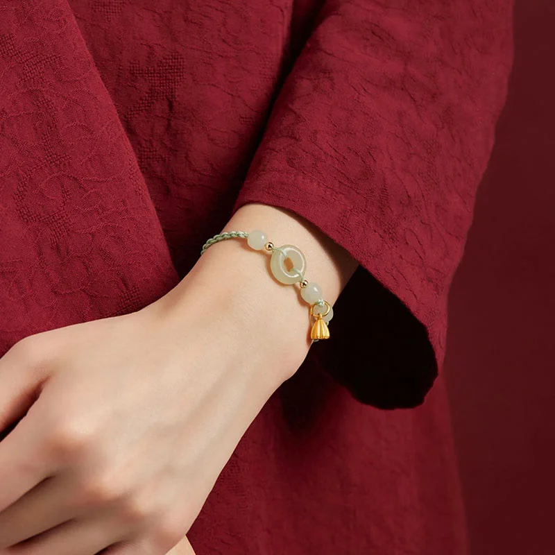 Round Peace Buckle Jade Lotus Happiness Abundance Wealth String Bracelet