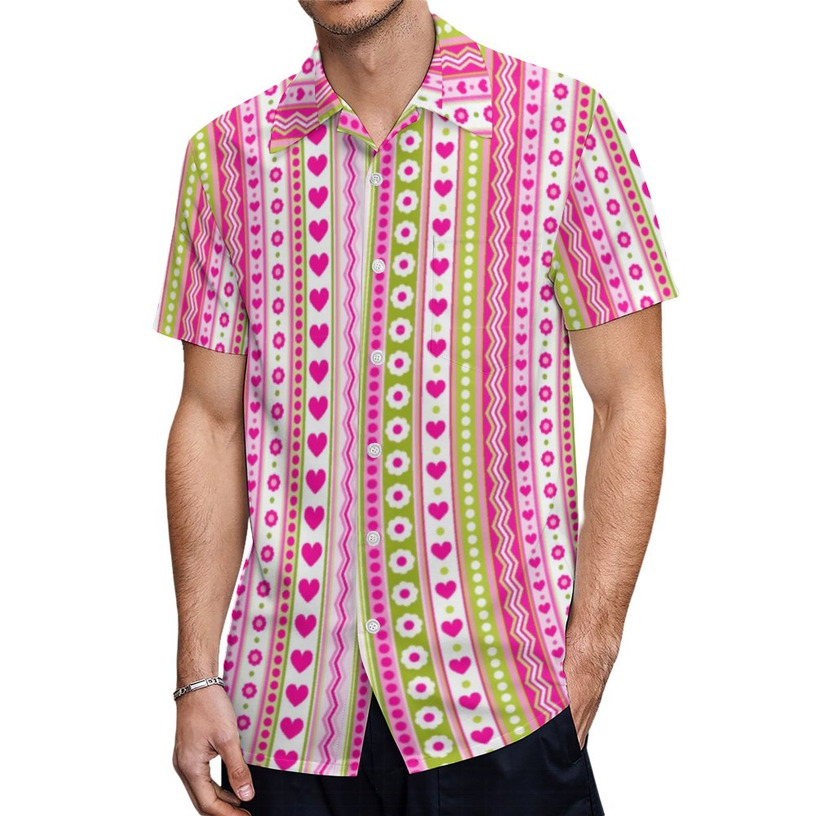 Abstract Pink Green Pattern Dots Flowers Hearts Hawaiian Shirt Mens Button Down Tropical Hawaii Beach Shirts