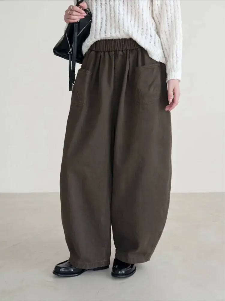 Dark brown cargo pants with elastic waistband