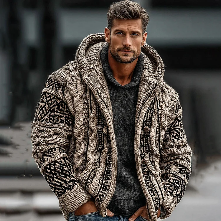 Men's Viking Tribal Art Jacquard Cozy Cardigan Sweater