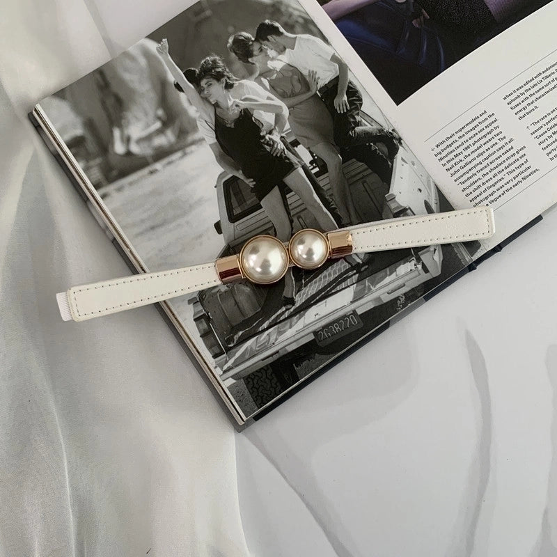 Fashion Pearl Pair Buckle Thin Waist Belt