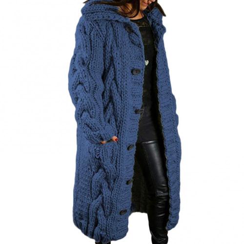 Fashion Solid Color Long Sleeve Twist Knit Warm Mid Length Sweater Cardigan