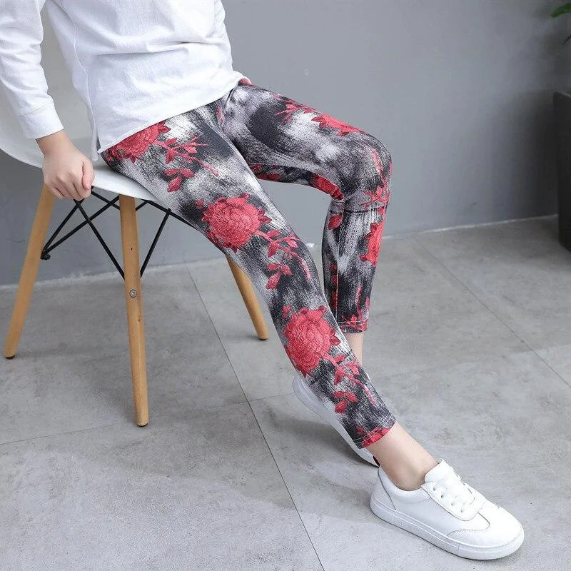2-10Y Girls Leggings Kids Skinny Bottoms Spring Autumn Flower Print Pants Cute Pencil Pants Children Casual Trousers Girl Capris