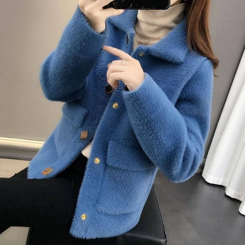 Plus size Cardigan Women Coat  2020 New Autumn Winter Korean  Elegant Women Slim Imitation Mink Velvet V-neck Knit Button Jacket