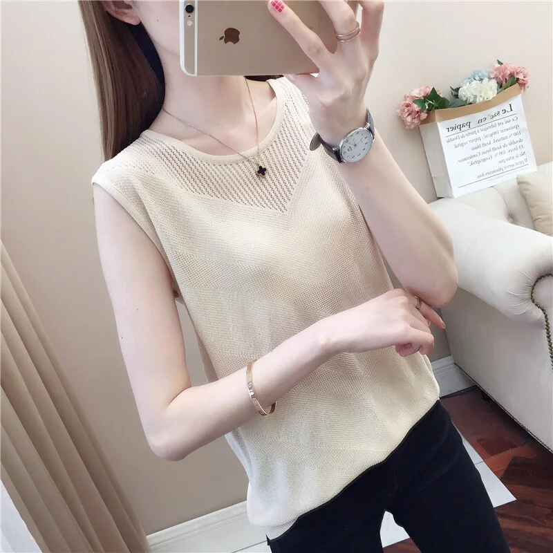 19855 ice silk solid round neck sleeveless vest 32